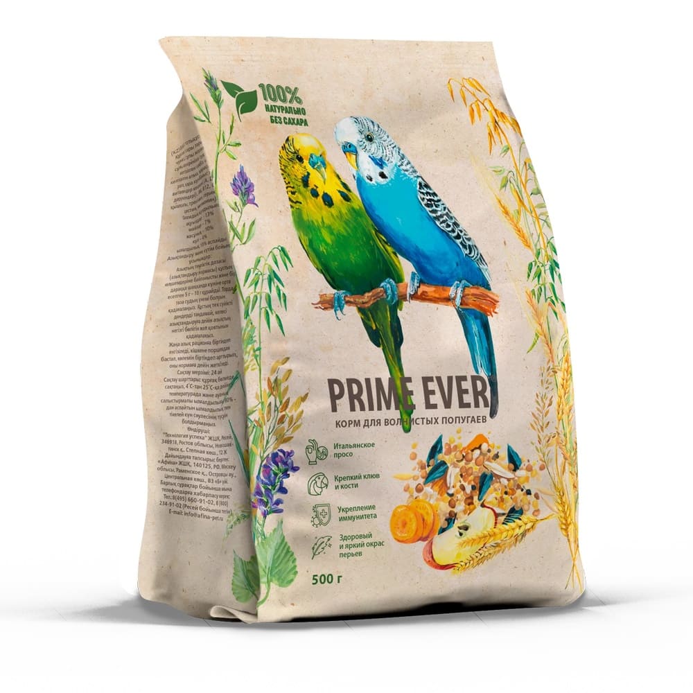 Корм Prime ever. Любимчик стандарт корм для волнистых попугаев, 500г, 9шт. Прайм Эвер паучи.