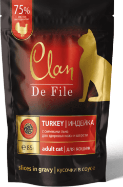 пауч CLAN De File для кошек 85гр соус Индейка,Креветка,семя льна