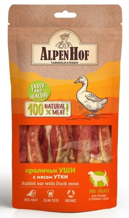 Лакомство Alpen Hof Уши кролика с мясом утки для сред/круп собак 80гр. Альпен Хоф