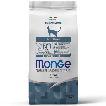 корм Монж Monoprotein Sterilised Trout 1,5 кг для стерилизованных кошек, Форель Monge 