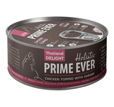 консервы Prime Ever для кошек 80гр Цыпленок с креветками в желе 3B 
